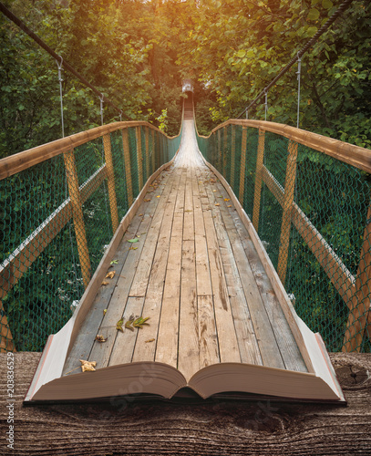 Naklejka most wiszący  droga-przez-most-w-lesie-na-kartach-ksiazki