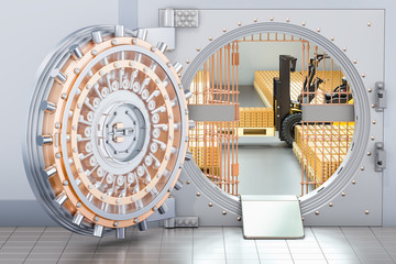 Poster - open bank vault with golden ingots and forklift truck inside, 3d rendering