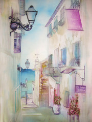 European old town - cityscape, an original modern batik painting on silk