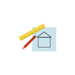 Sticker - colored house drawing and ruler illustration. Element of construction tools for mobile concept and web apps. Detailed house drawing and ruler illustration can be used for web