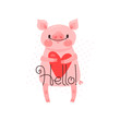 Greeting card with cute piglet. Sweet pig says hello. Vector illustration