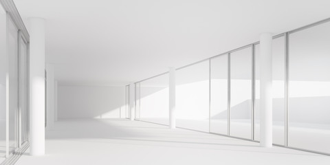 Poster - 3D stimulate of white room interior space and concrete floor with sun light cast rhythm of shadow on the wall,Perspective of minimal design architecture	