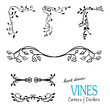 Ivy and vine design elements with flourishes curls and swirls for border corners and underline dividers and are hand drawn vector illustrations for wedding and Victorian designs.