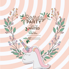 invited birthday party card with unicorn vector illustration design