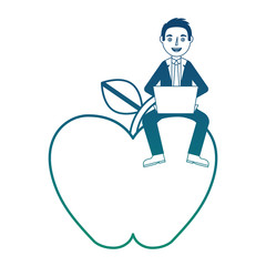 Sticker - fresh apple fruit with man and laptop computer vector illustration design