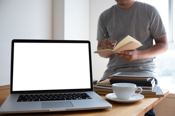Poster - Laptop with blank screen on table. Workspace background new project on laptop computer with blank copy space screen for your advertising text message