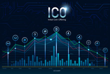 ICO, Initial Coin Offering. Digital Electronic Binary Money Financial Concept. Bitcoin Currency Exchange On Fin Tech Virtual Screen Interface, Statistic Graph And Chart For Investment.