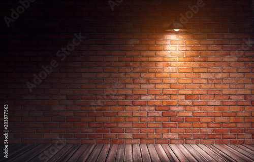 Photo 3d rendering illustration of empty old grungy room with red brick wall and wooden floor