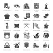 Dry cleaning, laundry flat glyph icons. Launderette service equipment, washer machine, shoe shine, clothes repair, garment ironing and steaming. Washing signs. Solid silhouette pixel perfect 64x64.