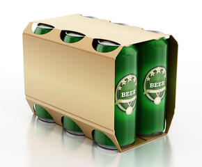 Metal beer cans in a 6 pack package. 3D illustration