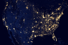 Satellite View Of The Night Lights Of The Cities Of United States. Elements Of This Image Furnished By NASA