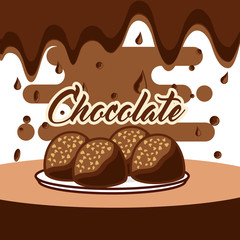 Sticker - chocolate candy on dish melted drops background vector illustration