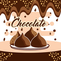 Poster - chocolate candy chips on dish melted drops background vector illustration