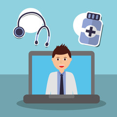 Sticker - doctor in laptop medical online app stethoscope and medicine vector illustration