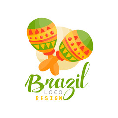 Wall Mural - Brazil logo design, bright fest.ive party banner with maracas vector Illustration on a white background