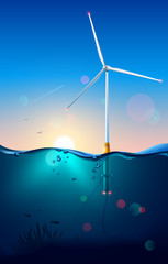 Wind turbine on offshore. Wind generator construction. Subsea or underwater view. Windmill connection power cable on seabed. Power generator technology. Seascape. Sun's rays shine through the water.