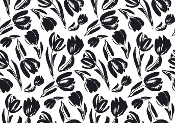 Wall Mural - black and white sketch tulip seamless pattern