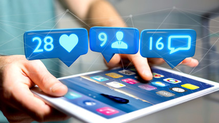 Poster - Businessman using a  smartphone with a Like, Follower and message notification on social network - 3d render