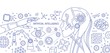 Horizontal monochrome banner with robot, robotic arm, integrated circuits, hi-tech devices drawn with contour lines on white background. Artificial intelligence. Vector illustration in lineart style.