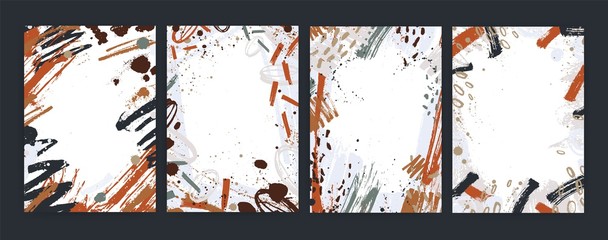 Poster - Collection of vertical backgrounds with abstract colorful paint stains, blots, smudges. Bundle of cards decorated with rough brush strokes. Set of decorative frames. Artistic vector illustration.