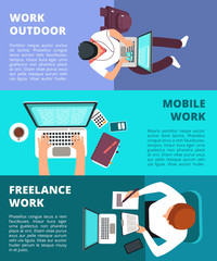 Poster - Freelancer journalist working at laptop. Home work, business writing and freelance vector banners