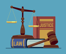 Justice Scales And Wood Judge Gavel. Wooden Hammer With Law Code Books. Legal And Legislation Authority Vector Concept