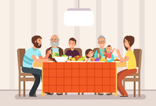 Big Happy Family Eating Lunch Together In Living Room Cartoon Vector Illustration