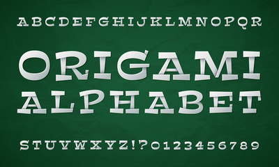 Poster - cartoon folded type. white paper font. 3d origami letters and numbers. vector retro alphabet
