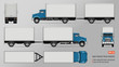 Truck vector mockup. Isolated template of lorry with trailer on transparent background for vehicle branding, corporate identity. View from left, right, front, back, top sides.
