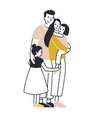 Wall Mural - Loving family. Father, mother and two daughters standing together and cuddling. Parents and children hugging. Flat cartoon characters isolated on white background. Colored vector illustration.