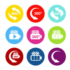 Fototapete - Vector buttons for virtual tour. Stickers with symbol of arrow and camera. Red, blue, green, yellow, purple and pink round label.