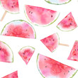 Watercolor watermelon seamless pattern. Hand painted texture with summer fruit on white background. Healthy food wallpaper design