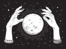 Hand Drawn Full Moon With Rays Of Light In Hands Of Fortune Teller Line Art And Dot Work. Boho Chic Tattoo, Poster Or Altar Veil Print Design Vector Illustration.