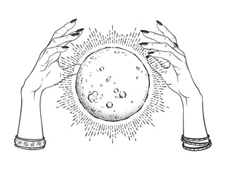 Wall Mural - hand drawn full moon with rays of light in hands of fortune teller line art and dot work. boho chic 