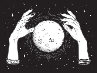 Wall Mural - hand drawn full moon with rays of light in hands of fortune teller line art and dot work. boho chic 