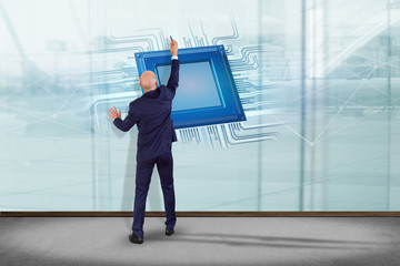 Poster - Businessman in front of a wall with a Processor chip and network connection - 3d render