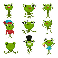 Canvas Print - Set of green frogs in different poses and with various emotions. Funny humanized toads. Colorful flat vector icons