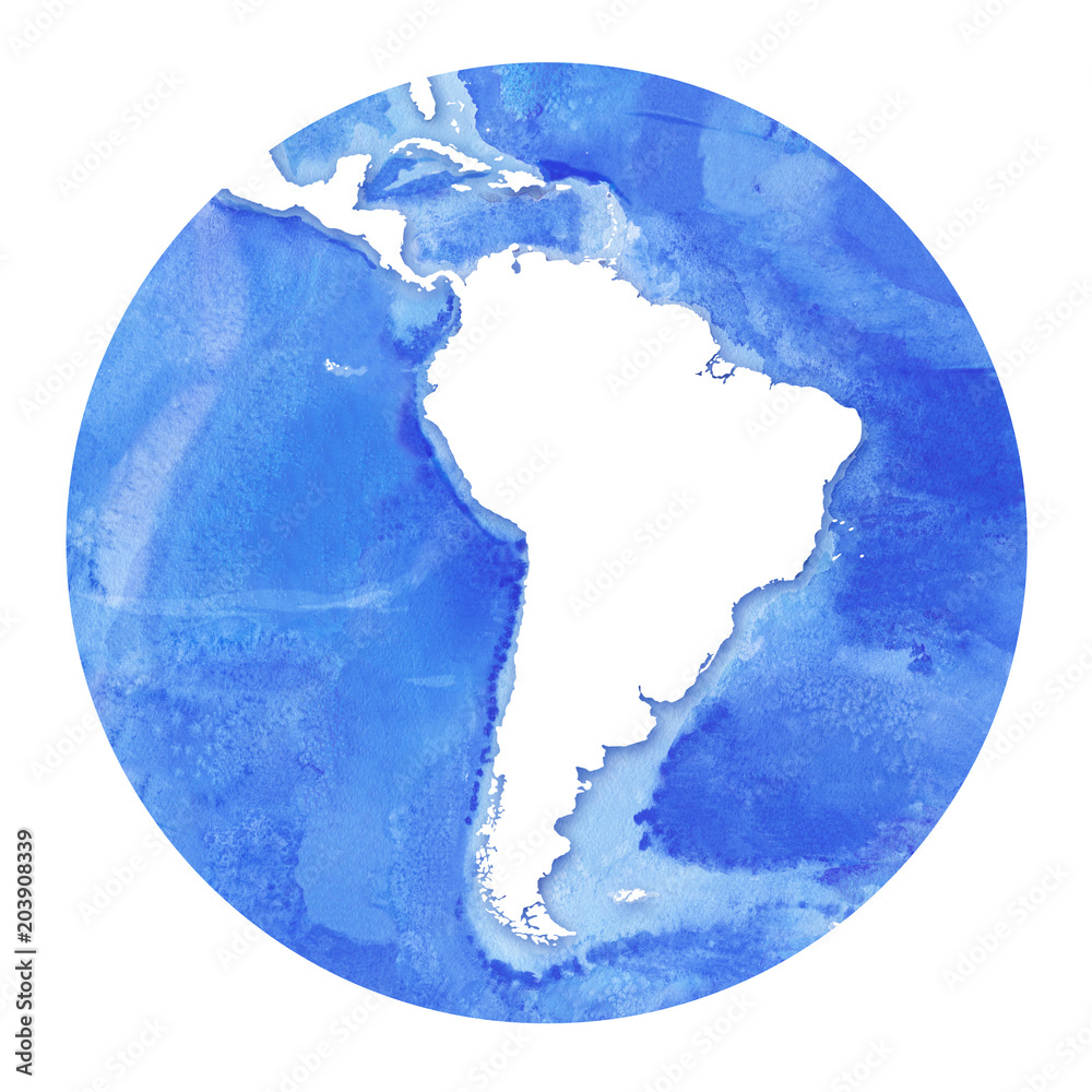 Watercolor realistic Map of the seas and oceans with blue water and ...