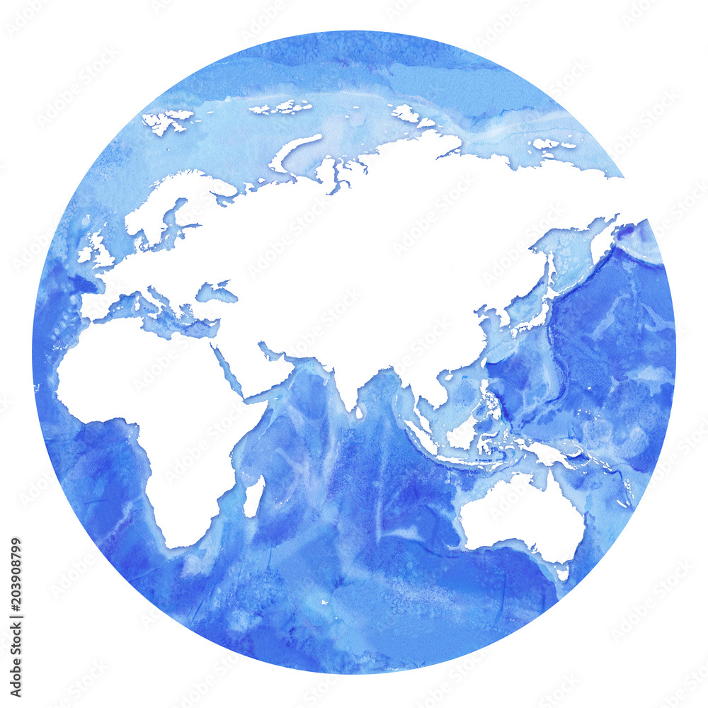 Watercolor realistic map of the seas and oceans with blue water and ...