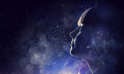 Wall Mural - girl on starry sky. mixed media