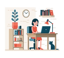 Woman working on laptop sitting on chair at desk in home interior. Flat character.