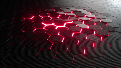 Fototapete - Abstract hexagonal geometric background. Structure of lots of hexagons of carbon fiber with bright energy light breaking through the cracks. 3d rendering