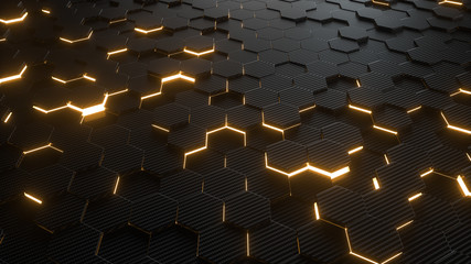 Fototapete - Abstract hexagonal geometric background. Structure of lots of hexagons of carbon fiber with bright energy light breaking through the cracks. 3d rendering