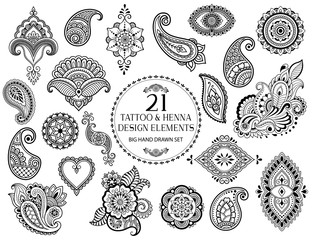 Wall Mural - big set of mehndi flower pattern for henna drawing and tattoo. decoration in ethnic oriental, indian