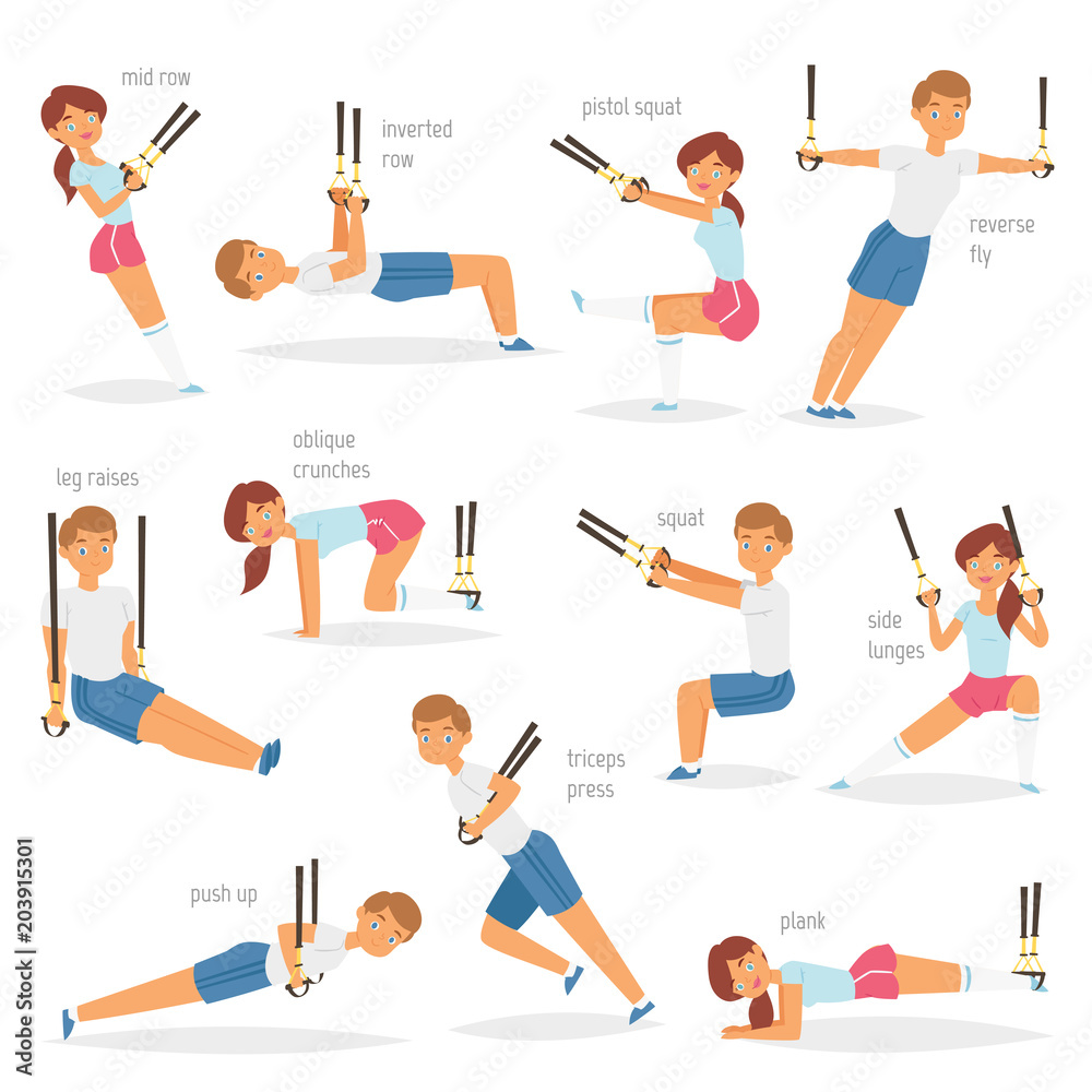 Fitness trx exercises vector sportsman character woman or man exercising in  gym for workout or sport training illustration set of sportive people in  sportswear with straps isolated on white background 스톡 벡터 |
