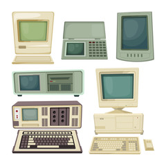 Poster - Vintage illustrations of desktop computers and other different technician gadgets
