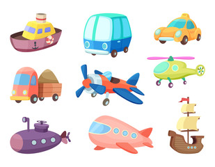 Sticker - Cartoon illustrations of various transportation. Airplanes, ship, cars and others. Vector pictures of toys for kids