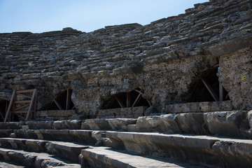 Ancient Greek city. Side, Turkey. Remnants of the past. Antique theater.Active holidays in warm countries. Ruins of the old theatre. Antalya Province. Pamphylia.