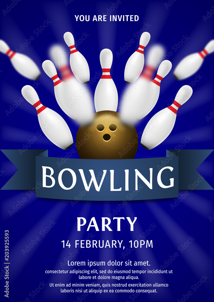 Bowling Party Flyer Template Illustration. Bright Bowling tournament poster. 3d ball and skittles composition. Bowling backgrounds for banner, poster, flyer, label design. Stock Vector | Adobe Stock bowling-party-flyer-template-illustration-bright-bowling-tournament-poster-3d-ball-and-skittles-composition-bowling-backgrounds-for-banner-poster-flyer-label-design-stock-vector-adobe-stock