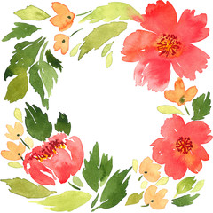 Wall Mural - Watercolor loose red flowers arrangement. Floral frame template